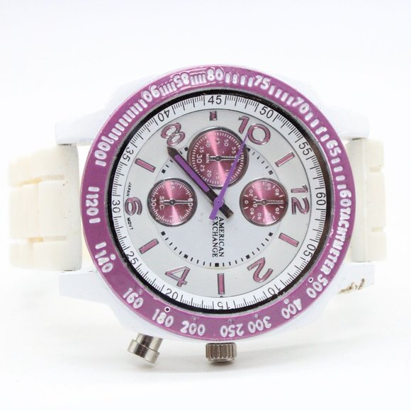 American Exchange Chronograph Watch White Tone Stainless Steel White Rubber Band - Picture 5 of 8